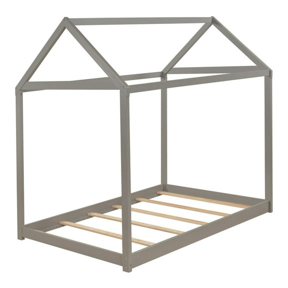 [US IN STOCK] Twin Size Wooden House Bed, Gray(New)
