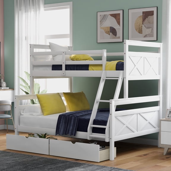 [US IN STOCK] Twin over Full Bunk Bed with Ladder, Two Storage Drawers, Safety Guardrail, White