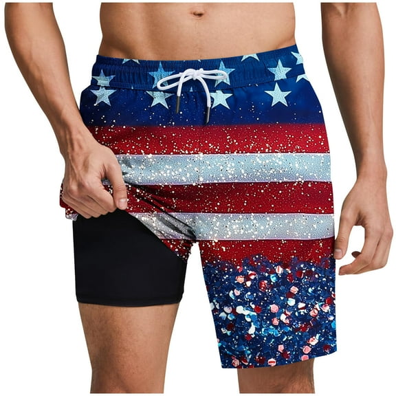 US Independence Day Outfits for Men, Funny Star Stripes Pattern Beach Shorts, Summer Holiday Resort Shorts, Drawstring, Plus Size