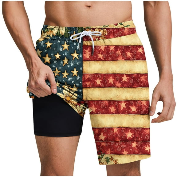 US Independence Day Outfits for Men, Funny Star Stripes Pattern Beach Shorts, Summer Holiday Resort Shorts, Drawstring, Plus Size