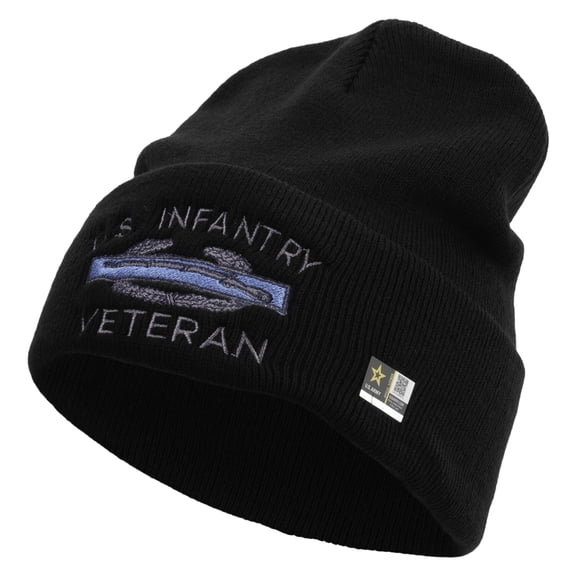 US Infantry Veteran Embroidered 12 Inch Long Knitted Beanie - Black OSFM