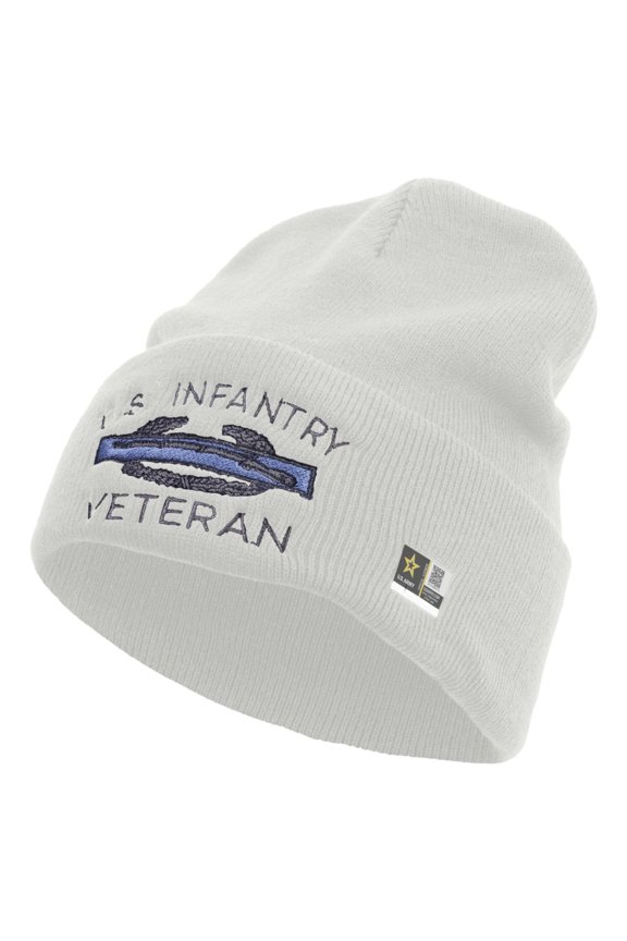 US Infantry Veteran Embroidered 12 Inch Long Knitted Beanie - White OSFM