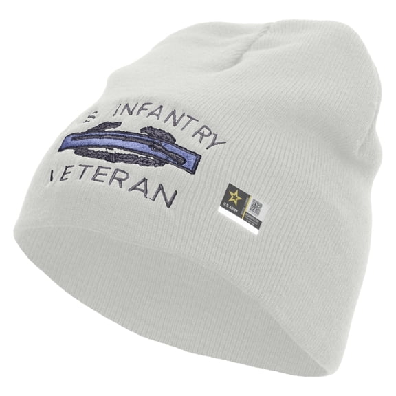 US Infantry Veteran Embroidered 8 Inch Knitted Short Beanie - White OSFM