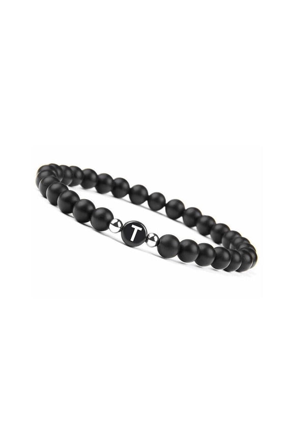 US Initial Bracelet 6mm Matte Black Onyx Letter Bracelet Alphabet Couple Unisex