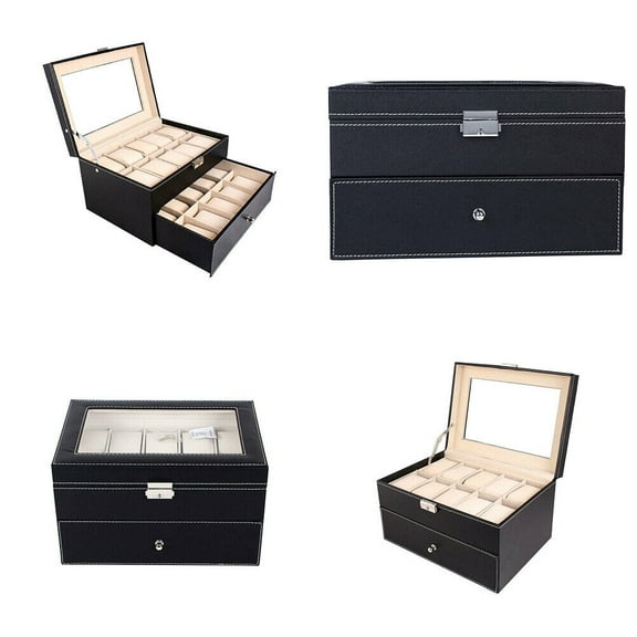 US Large 20 Slot Watch Organizer Box Case Glass Display Leather Jewelry Storage