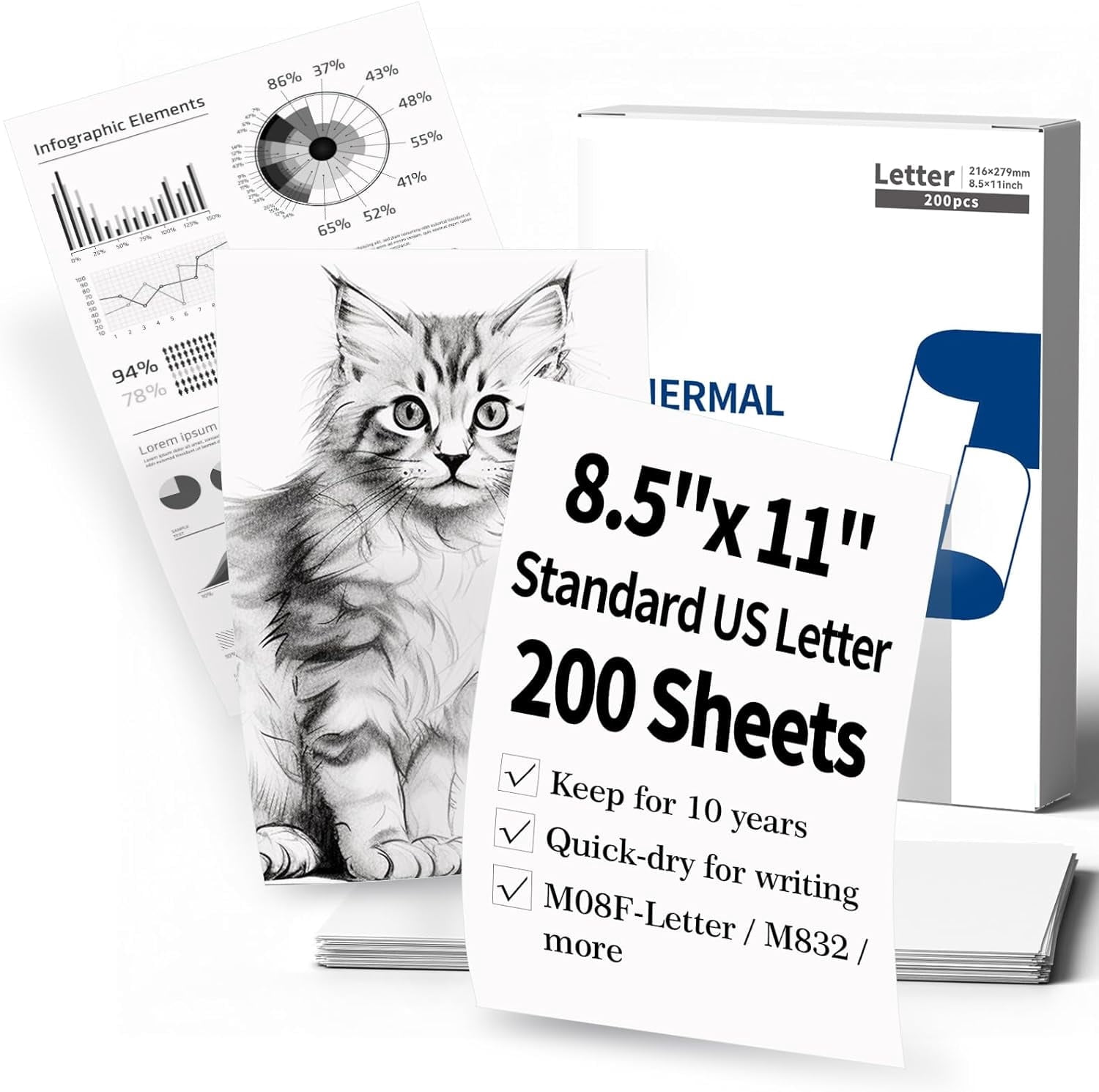 US Letter Thermal Paper - 8.5" x 11" Letter Paper, Compatible with Phomemo M08F-Letter M832 M831 M833 M834 M835 Q301 Q302 & Brother-Letter Thermal Printer for Documents Contracts, 200 Sheets