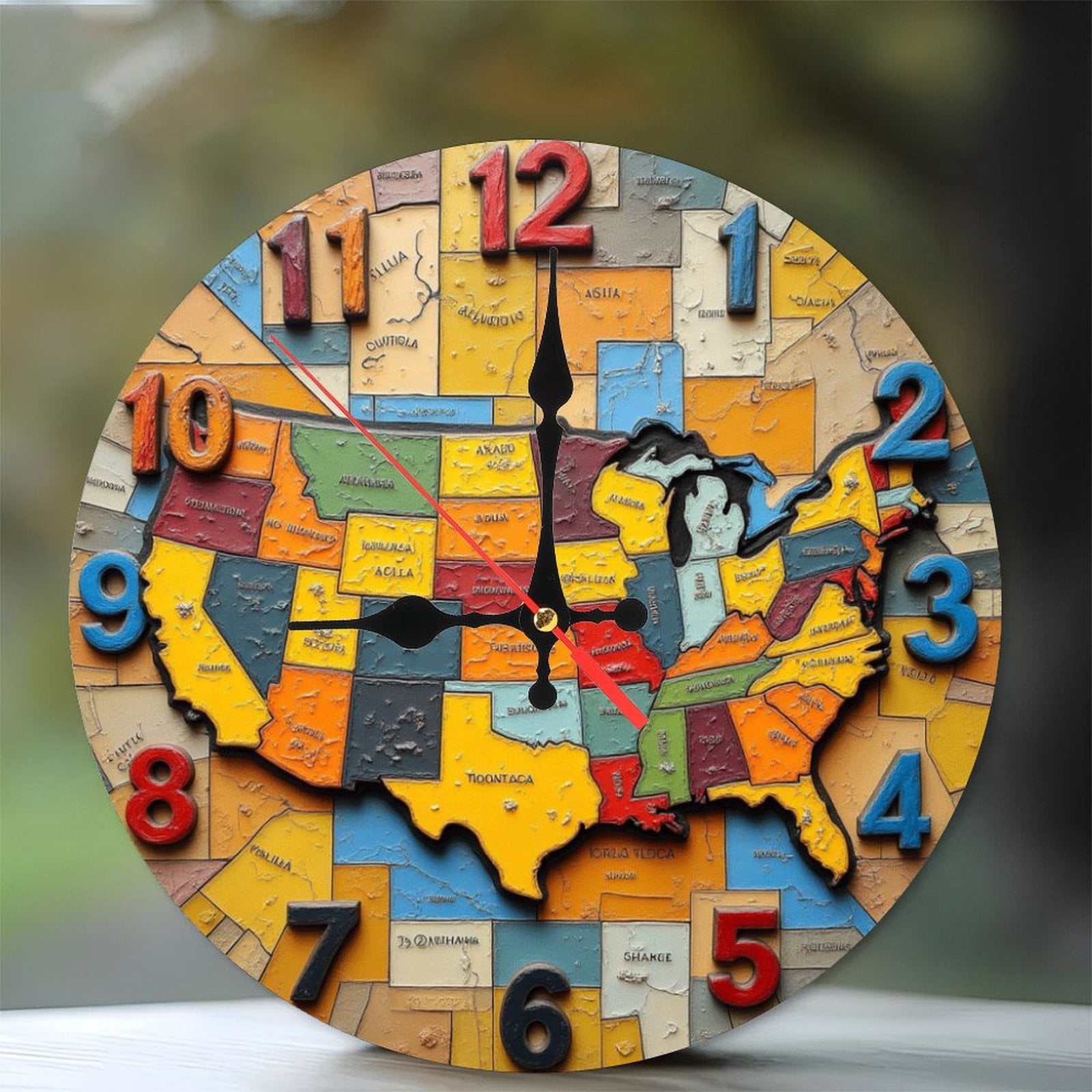 US Map Wall Clock 2D Colorful Design Decor 10-Inch Silent Wooden Wall ...