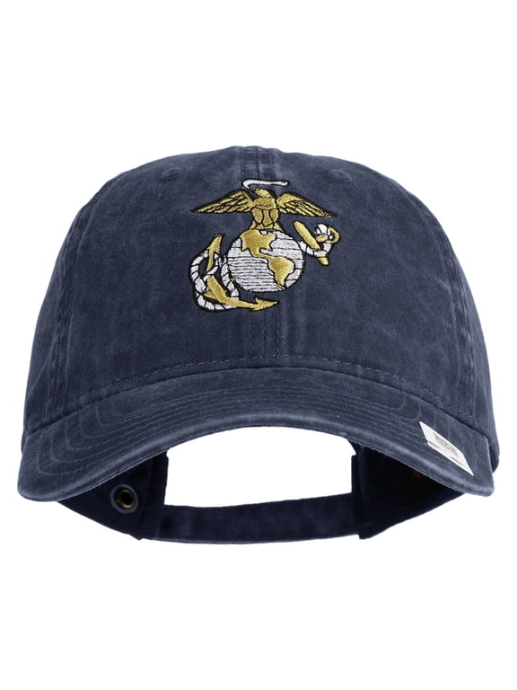 US Marine Corps Emblem Embroidered Washed Solid Pigment Dyed Cotton Twill Brass Buckle Cap - Navy OSFM