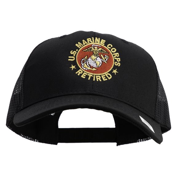 US Marine Corps Retired Emblem Embroidered 6 Panel Structured Cotton Twill Mesh Cap Made in USA - Black OSFM