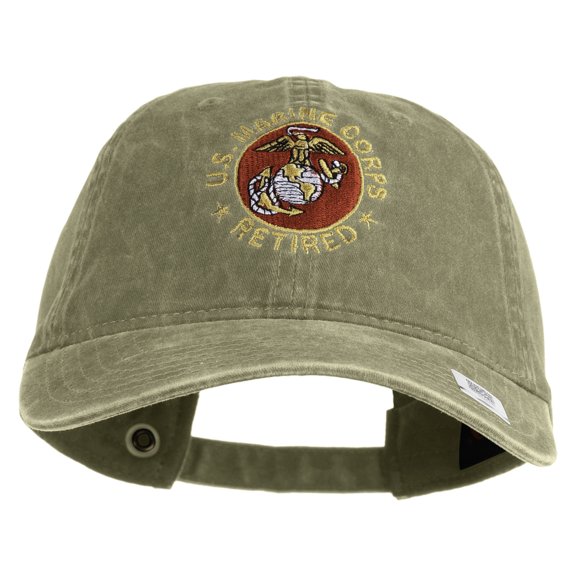 US Marine Corps Retired Emblem Embroidered Washed Solid Pigment Dyed Cotton Twill Brass Buckle Cap - Khaki OSFM