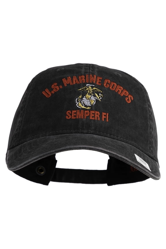 US Marine Corps Semper Fi Embroidered Washed Solid Pigment Dyed Cotton Twill Brass Buckle Cap - Black OSFM