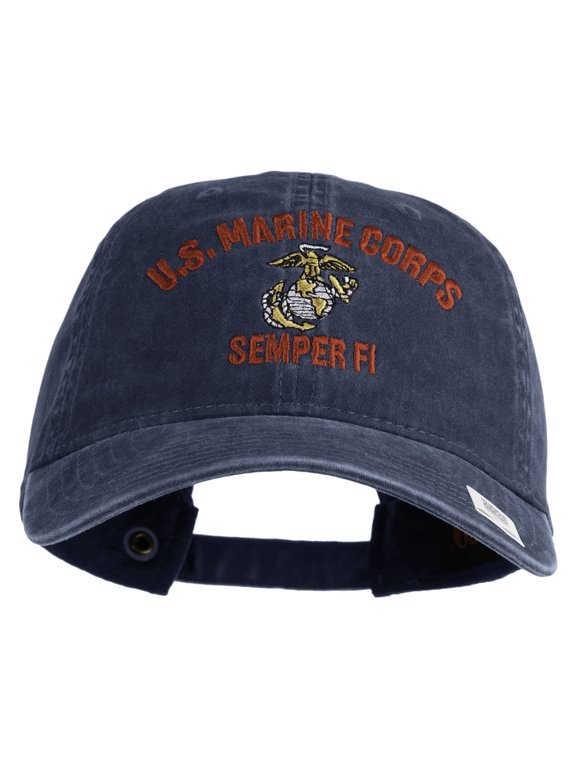 US Marine Corps Semper Fi Embroidered Washed Solid Pigment Dyed Cotton Twill Brass Buckle Cap - Navy OSFM