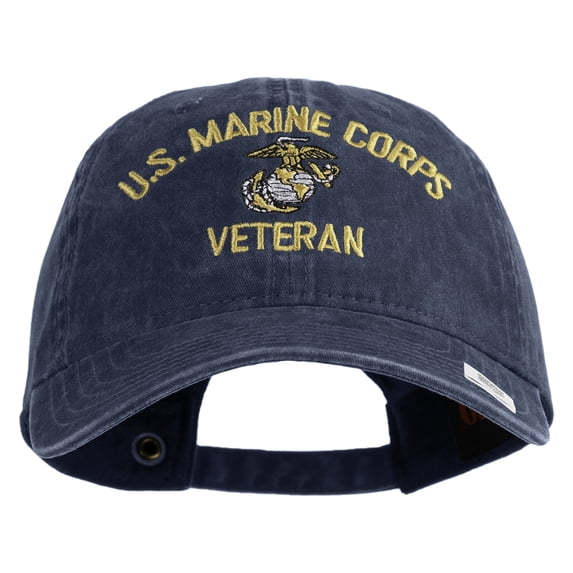 US Marine Corps Veteran Design Embroidered Washed Solid Pigment Dyed Cotton Twill Brass Buckle Cap - Navy OSFM