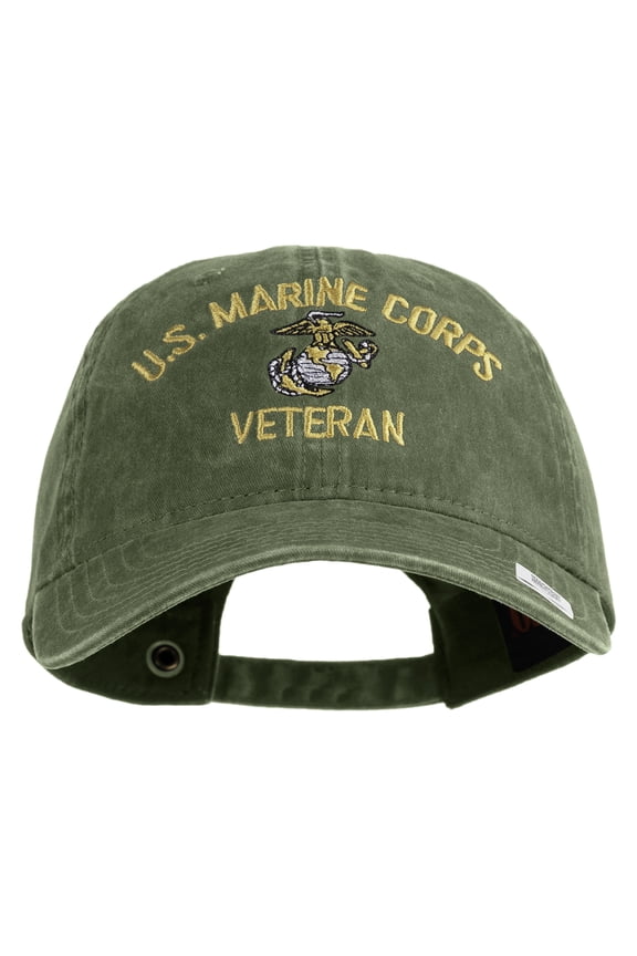 US Marine Corps Veteran Design Embroidered Washed Solid Pigment Dyed Cotton Twill Brass Buckle Cap - Olive OSFM