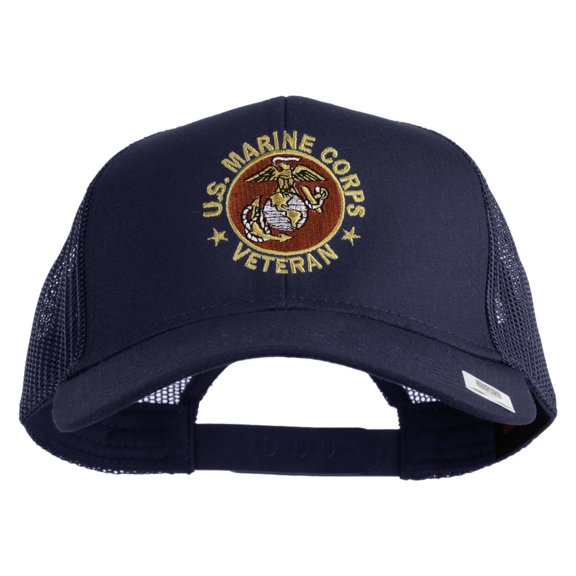 US Marine Corps Veteran Emblem Embroidered Solid Cotton Twill Mesh Prostyle Cap - Navy OSFM