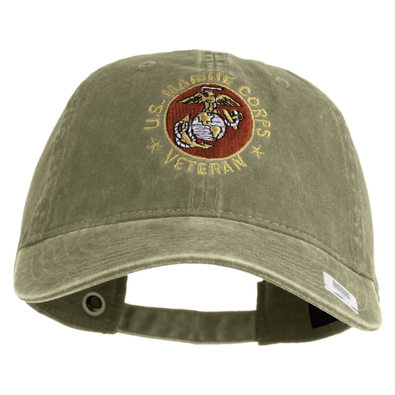 US Marine Corps Veteran Emblem Embroidered Washed Solid Pigment Dyed Cotton Twill Brass Buckle Cap - Khaki OSFM