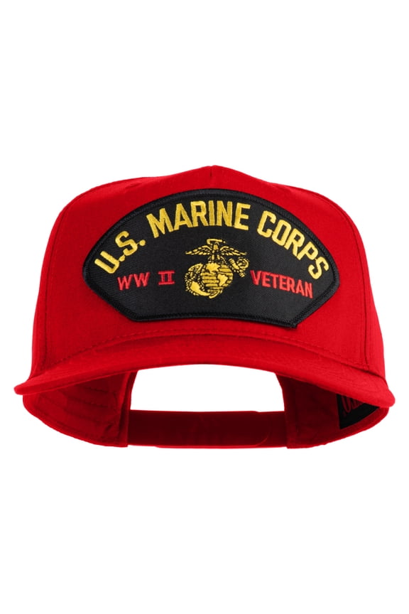 US Marine Corps WWII Veteran Patched Solid Cotton Twill 5 Panel Prostyle Snap Cap - Red OSFM