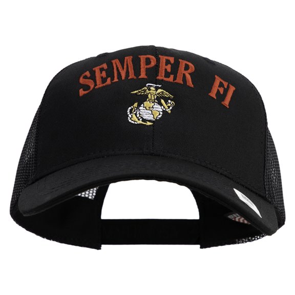 US Marine Semper Fidelis Design Embroidered 6 Panel Structured Cotton Twill Mesh Cap Made in USA - Black OSFM