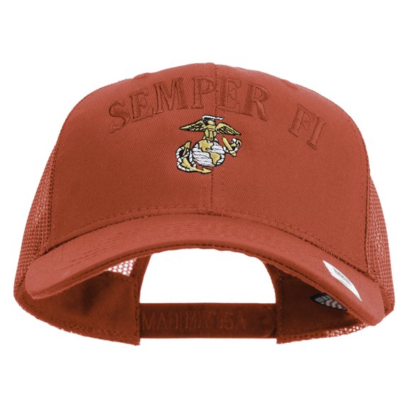 US Marine Semper Fidelis Design Embroidered 6 Panel Structured Cotton Twill Mesh Cap Made in USA - Red OSFM