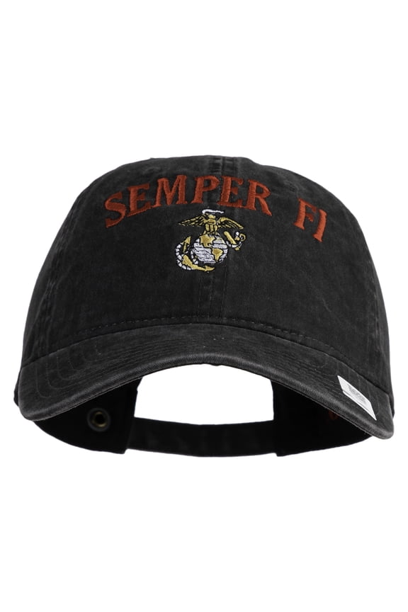 US Marine Semper Fidelis Design Embroidered Washed Solid Pigment Dyed Cotton Twill Brass Buckle Cap - Black OSFM