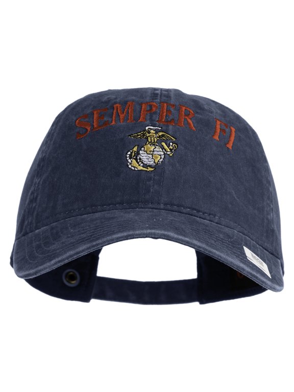 US Marine Semper Fidelis Design Embroidered Washed Solid Pigment Dyed Cotton Twill Brass Buckle Cap - Navy OSFM