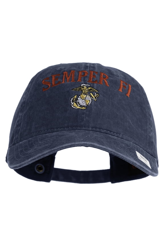 US Marine Semper Fidelis Design Embroidered Washed Solid Pigment Dyed Cotton Twill Brass Buckle Cap - Navy OSFM