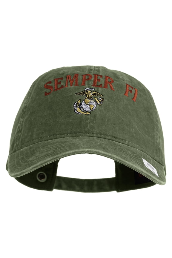 US Marine Semper Fidelis Design Embroidered Washed Solid Pigment Dyed Cotton Twill Brass Buckle Cap - Olive OSFM