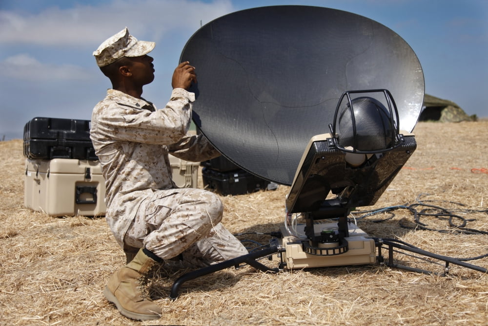 US Marine assembles a support wide area network satellite dish Canvas Art - Stocktrek Images (35 x 23)