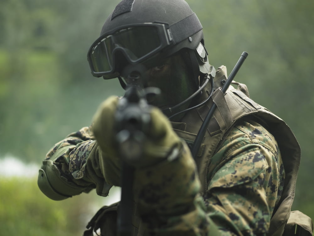 US Marine during combat operations Canvas Art - Tom WeberStocktrek Images (33 x 25)