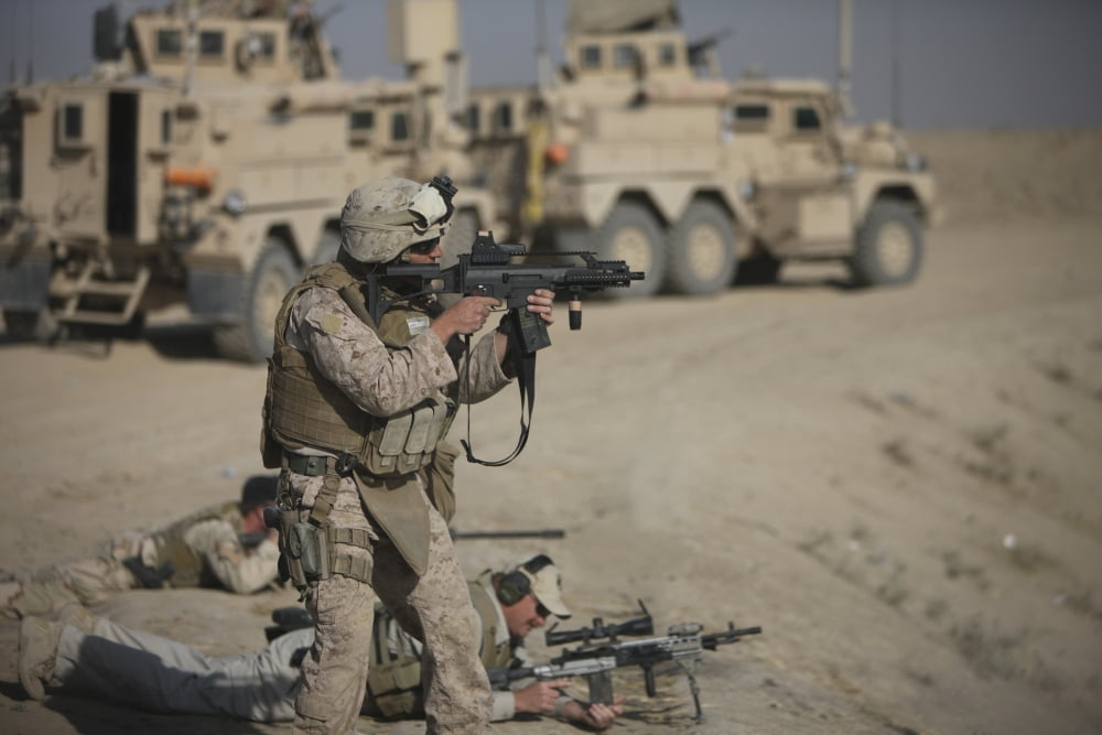 US Marine fires a G36K carbine on the firing range Afghanistan Canvas Art - Terry MooreStocktrek Images (18 x 12)