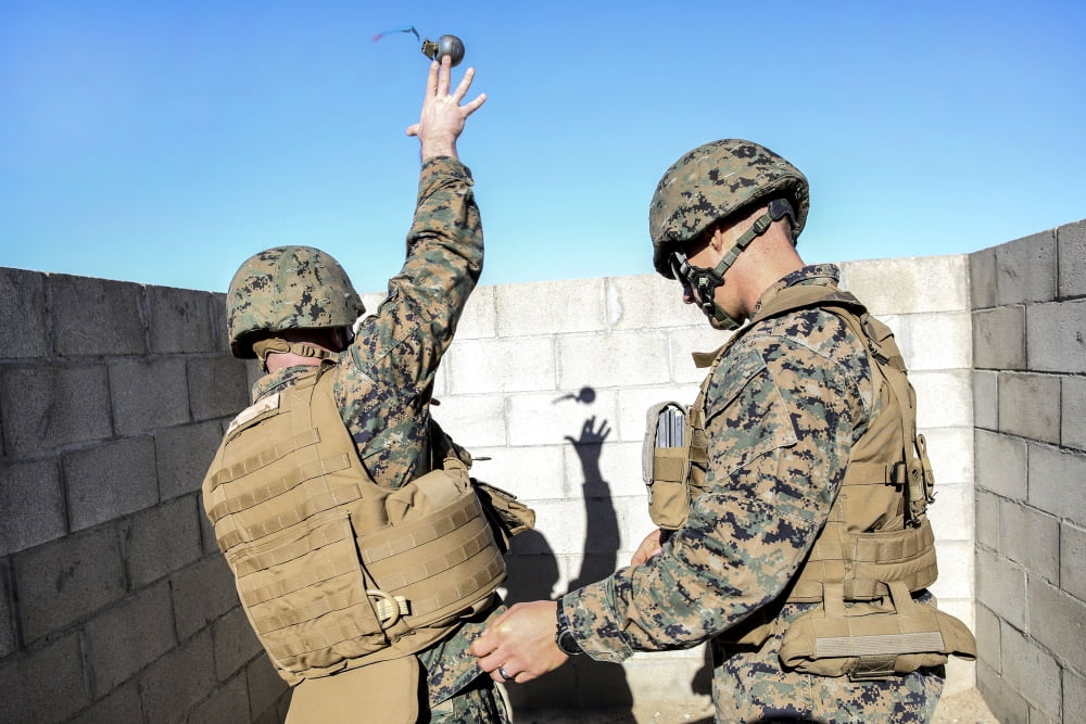 US Marine practices throwing a training grenad Canvas Art - Stocktrek Images (34 x 23)