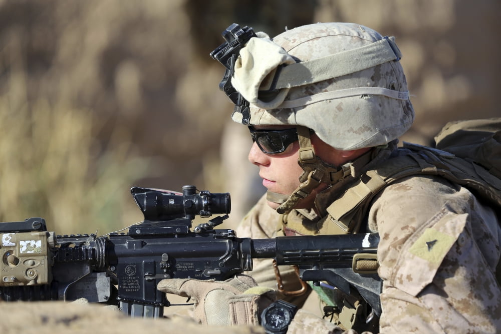 US Marine provides security during a patrol in Afghanistan Canvas Art - Stocktrek Images (34 x 23)
