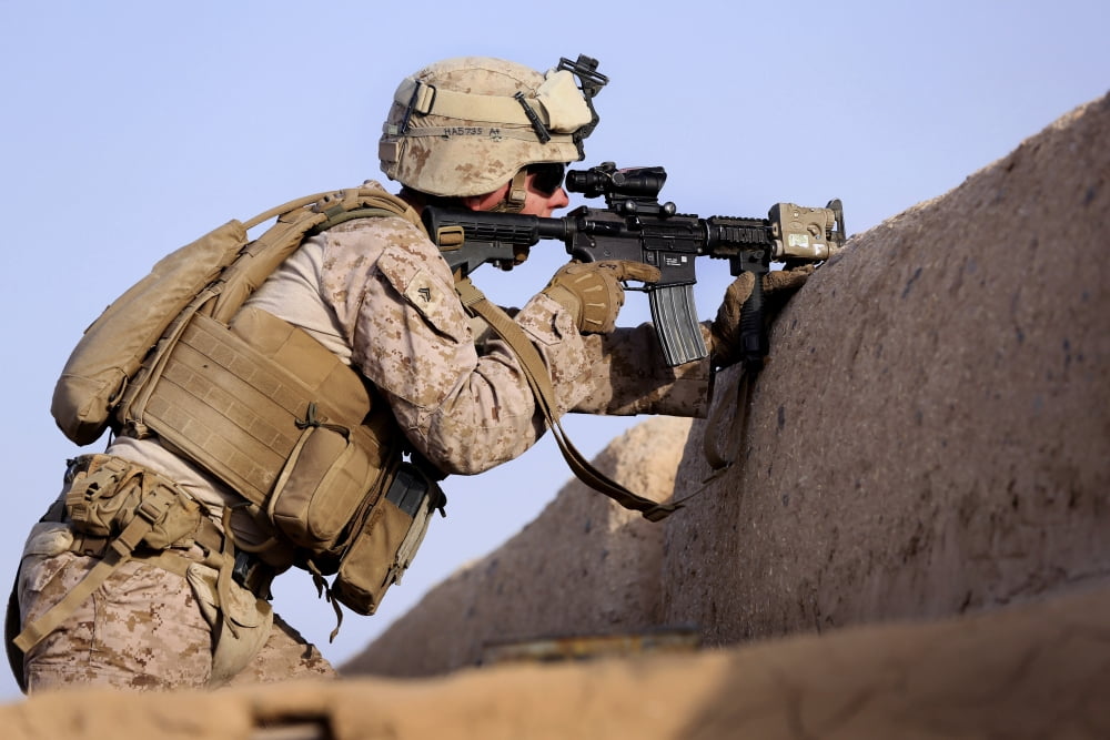 US Marine provides security during a patrol in Afghanistan Canvas Art - Stocktrek Images (34 x 23)