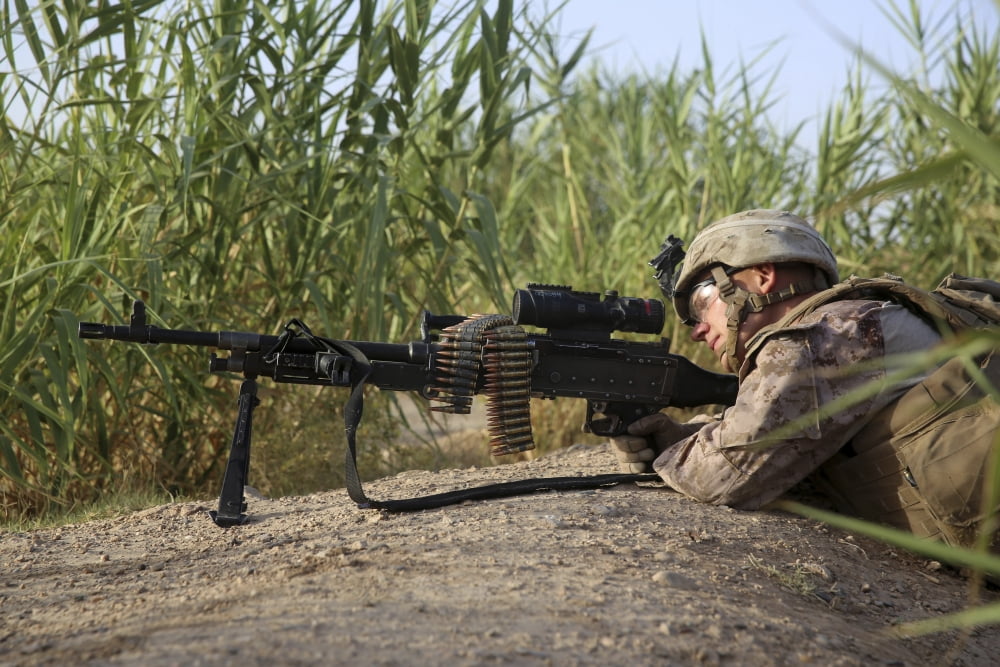 US Marine provides security with an M240B medium machine gun Canvas Art - Stocktrek Images (34 x 23)