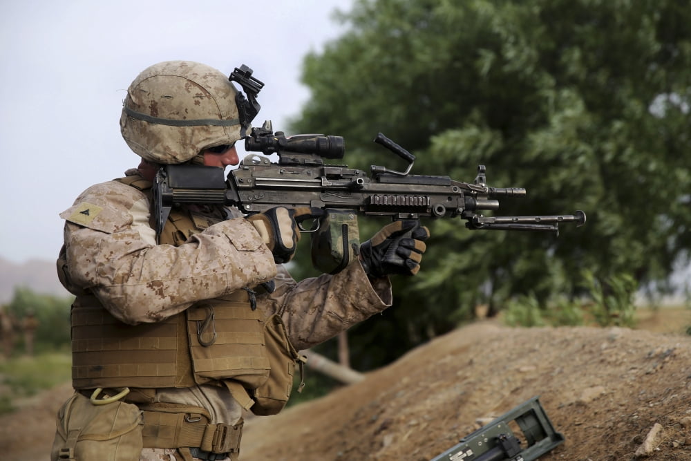 US Marine provides security with an M249 Squad Automatic Weapon Canvas Art - Stocktrek Images (34 x 23)