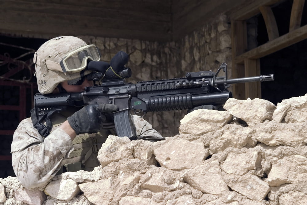 US Marine providing security as part of a presence patrol in Haditha Iraq Canvas Art - Stocktrek Images (34 x 23)