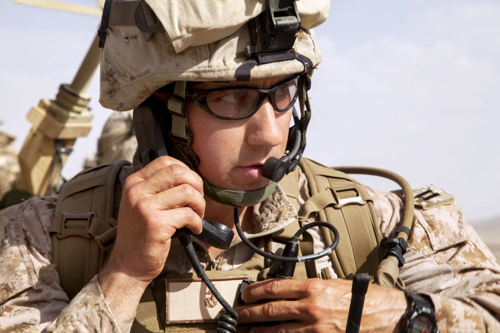 US Marine talks over the radio in Afghanistan Canvas Art - Stocktrek Images (35 x 23)