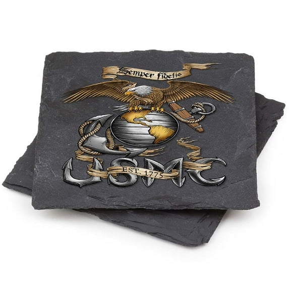 US Marines Natural Stone Coaster- USMC Marine Corps Eagle-Stone Gift Box (Set Of