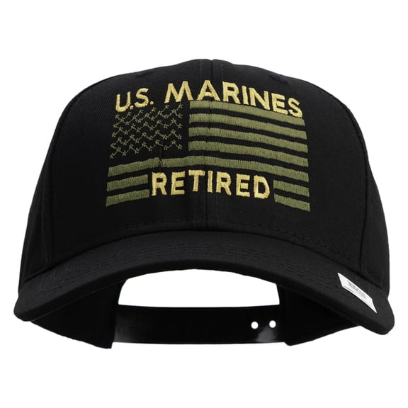 US Marines Retired Flag Design Embroidered 6 Panel Structured Cotton Twill Cap Made in USA - Black OSFM