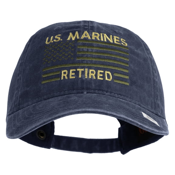 US Marines Retired Flag Design Embroidered Washed Solid Pigment Dyed Cotton Twill Brass Buckle Cap - Navy OSFM