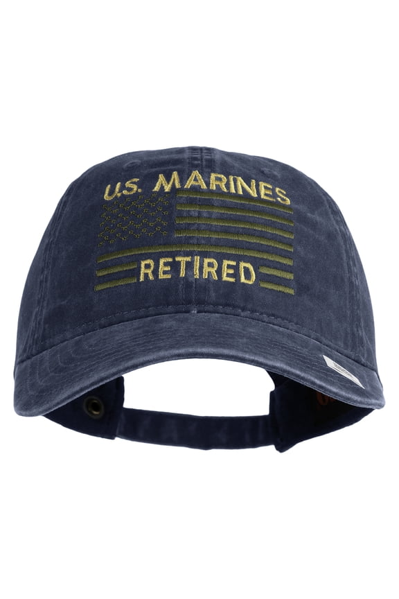 US Marines Retired Flag Design Embroidered Washed Solid Pigment Dyed Cotton Twill Brass Buckle Cap - Navy OSFM