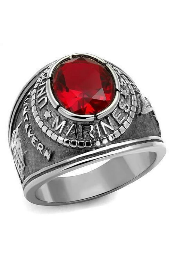 US Marines Ring for Men Women Unisex Stainless Steel Military Ring in Silver with Red Stone Rock