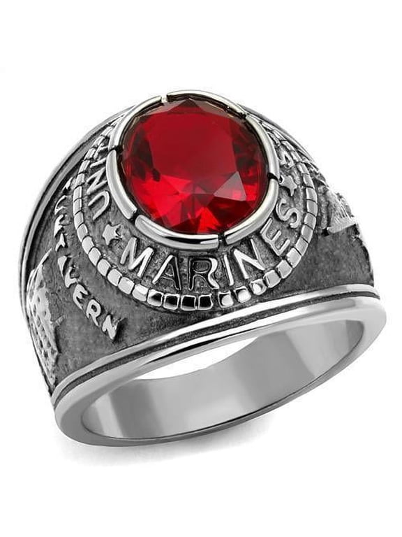 US Marines Ring for Men Women Unisex Stainless Steel Military Ring in Silver with Red Stone Rock