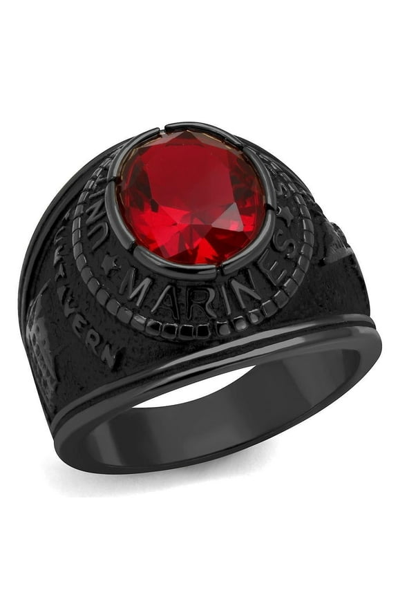 US Marines Ring for Men and Women Unisex Stainless Steel Military Patriotic Ring in Black with Red Stone Rock