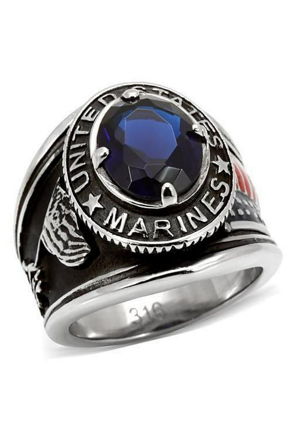 US Marines Ring for Men and Women Unisex Stainless Steel Military Patriotic Ring in Silver with Blue Stone Rock