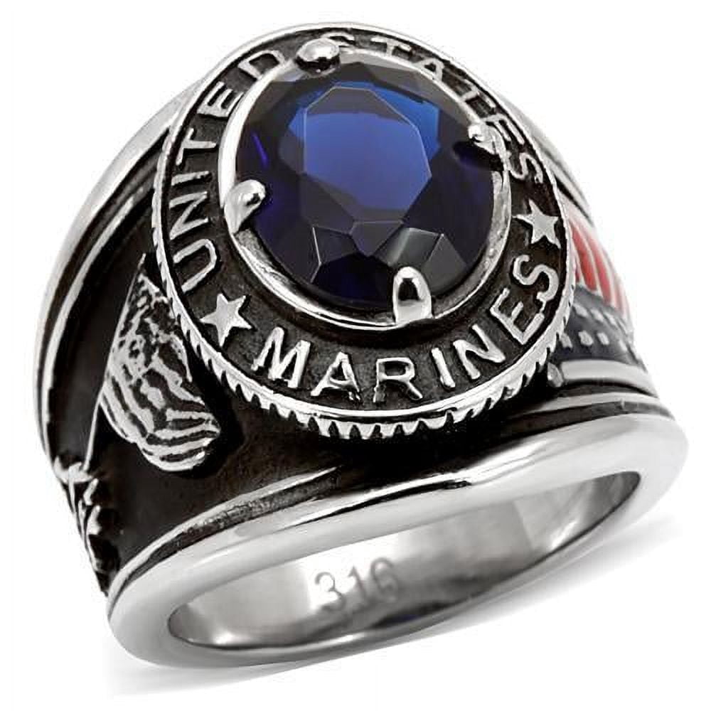 US Marines Ring for Men and Women Unisex Stainless Steel Military Patriotic Ring in Silver with Blue Stone Rock