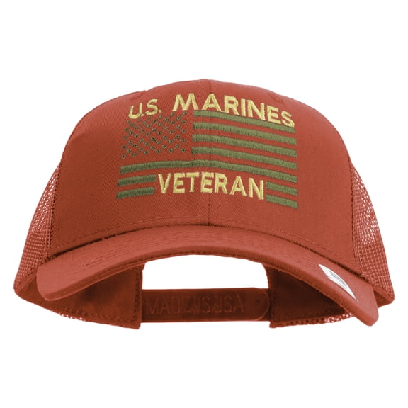 US Marines Veteran Flag Design Embroidered 6 Panel Structured Cotton Twill Mesh Cap Made in USA - Red OSFM