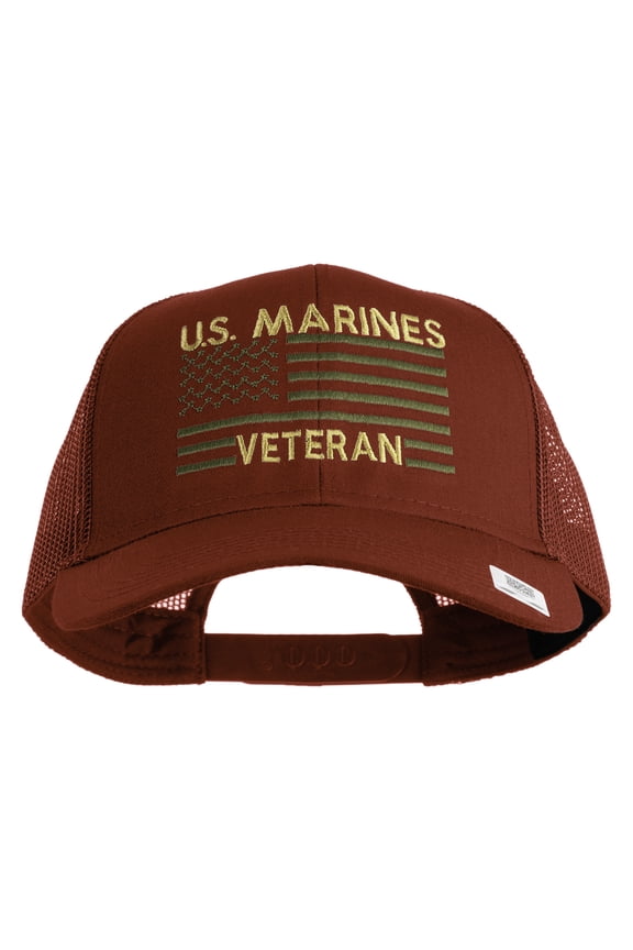 US Marines Veteran Flag Design Embroidered Solid Cotton Twill Mesh Prostyle Cap - Red OSFM