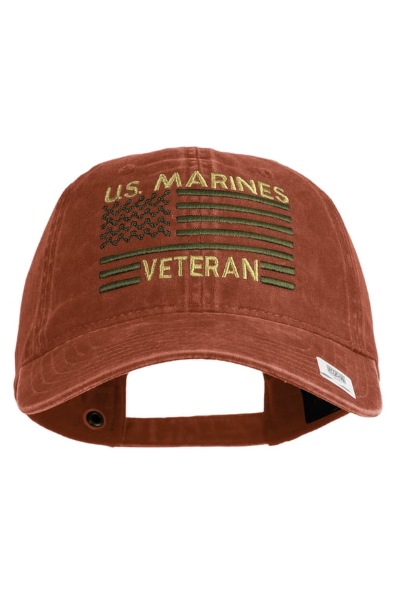 US Marines Veteran Flag Design Embroidered Washed Solid Pigment Dyed Cotton Twill Brass Buckle Cap - Red OSFM