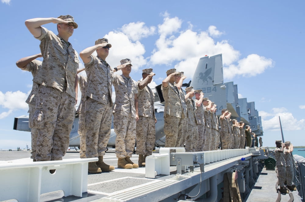 US Marines and Sailors render honors aboard USS Peleliu Canvas Art - Stocktrek Images (34 x 23)